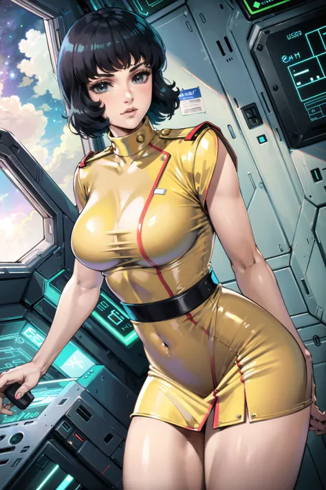 8k,(masterpiece:1.4)(best quality:1.4),(top quality), 1girl,fayuiry,black hair, black eyes, yellow dress, uniform, inside spaceship, galaxy, window ,indoors, standing, looking at viewer, solo focus,(shiny skin),steaming body , <lora:fayuiry:0.7>