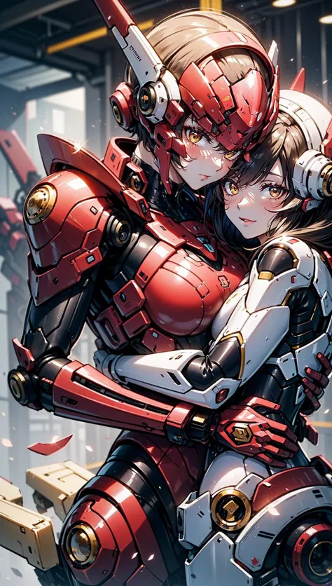 2 female mech pilot in (red:1.4) armor hugging each other,<lora:Mecha_20230612141106:0.6>