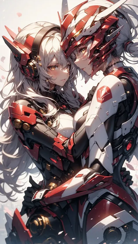 2 female mech pilot in (red:1.4) armor hugging each other,<lora:Mecha_20230612141106:0.6>