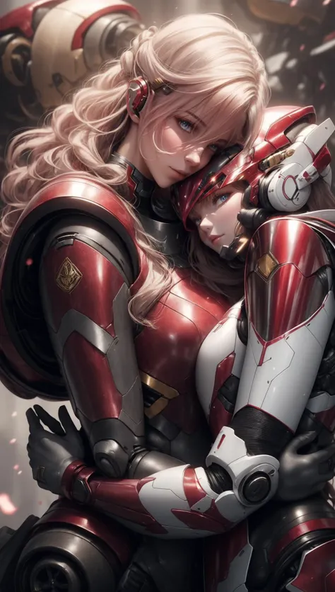 2 female mech pilot in (red:1.4) armor hugging each other,<lora:Mecha_20230612141106:0.75>