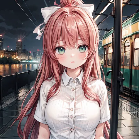 (Monika, green eyes, gorgeous face, auburn hair, ponytail, very long hair, perfect body, colored inner hair), (masterpiece),((ultra-detailed)), (highly detailed CG illustration),(expressionless), (best quality:1.2), High quality texture, intricate details, detailed texture, High quality shadow, Cinematic Light, Lens Flare, Ray tracing, Depth of field, light source contrast, perspective,20s, (ulzzang-6500-v1.1:0.5), dark theme, night, neon light, city, heavy rain, water, tram way, <lora:DetailEnhancer:0.8>, <lora:DDLC:0.7>