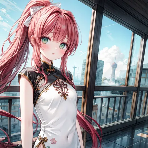 (Monika, green eyes, gorgeous face, auburn hair, ponytail, very long hair, perfect body, colored inner hair), (masterpiece),((ultra-detailed)), (highly detailed CG illustration),(expressionless), (best quality:1.2), High quality texture, intricate details, detailed texture, High quality shadow, Cinematic Light, Lens Flare, Ray tracing, Depth of field, light source contrast, perspective,20s, (ulzzang-6500-v1.1:0.5), bluesky, cloud, china tower, morning, foggy, <lora:DetailEnhancer:0.8>, <lora:DDLC:0.7>