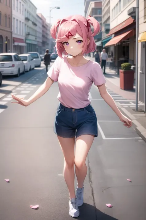 beautiful, (masterpiece:1.2), (best quality:1.2),outdoors, city, street, petals, sunshine, cinematic, drama angle, perfect eyes, perfect face, perfect lighting, 1girl, cute face, solo, dynamic pose, casual clothes, full body,  <lora:ddlcDokiDokiLiteratureClub_v1:1> natsuki, pink eyes, pink hair, two side up, hair ornament, hair ribbon