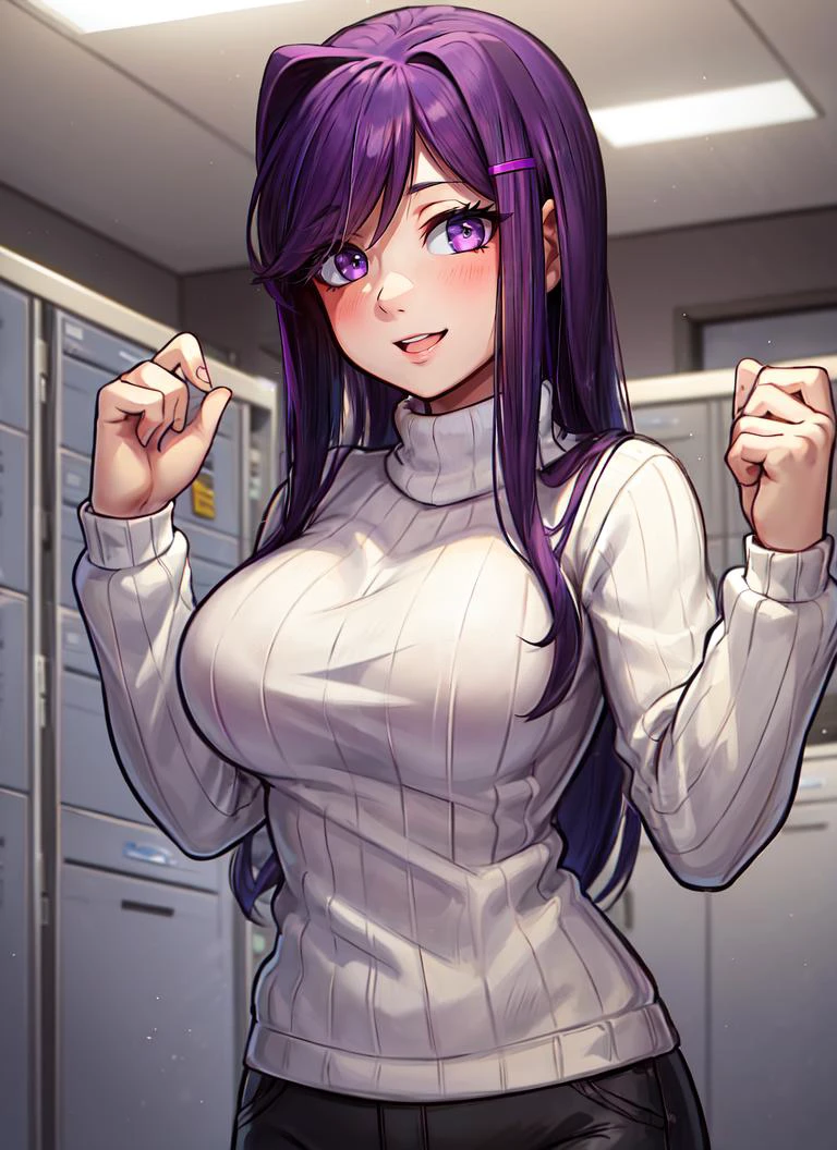 ((best quality)), ((highly detailed)), masterpiece, absurdres, (detailed eyes, deep eyes), (1girl), dynamic pose, upper body, <lora:hairdetailer:.7>, <lora:ddlc-10:1>, Yuri, purple eyes, ((purple hair)), very long hair, sidelocks, hair ornament, hairclip, large breasts, smile, ribbed sweater, long sleeves, turtleneck sweater, pants, black pants, turtleneck, reading a book, (indoors, at a lockerroom), <lora:ThickerLines:1>