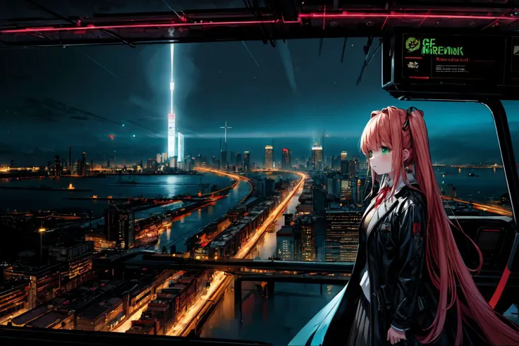 (Monika, green eyes, long hair, futuristic city), 1girl, cyberpunk, neon lights, skyscrapers, flying cars, robots, androids, AI, dystopia, future, technology, <lora:DetailEnhancer:1>, <lora:DDLC:0.7>