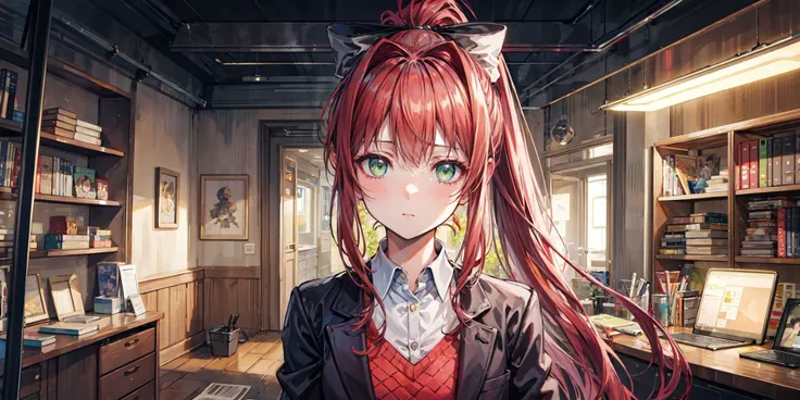 (crime drama),(best quality), complex puzzle, Monika, very long auburn hair, ponytail, green eyes, deciphering cryptic codes, solving mysteries, dimly lit detective office, web of intrigue, <lora:DetailEnhancer:0.8>, <lora:DDLC:0.9>, <lora:GoodHands-vanilla:1>