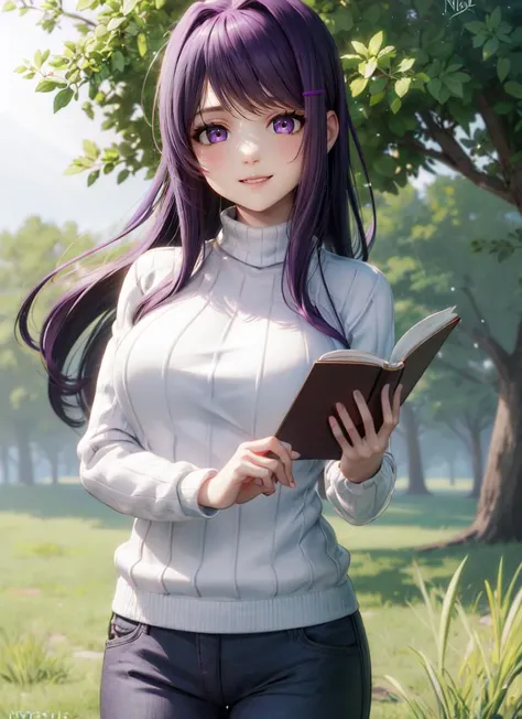 ((best quality)), ((highly detailed)), detailed face, beautiful face, , (1girl), dynamic pose, upper body, <lora:hairdetailer:.6>, <lora:ddlc-10:1>, Yuri, purple eyes, ((purple hair)), very long hair, sidelocks, hair ornament, hairclip, large breasts, smile, ribbed sweater, long sleeves, turtleneck sweater, pants, black pantyhose, turtleneck, reading a book, (outside, at a meadow, afternoon), <lora:Nyl2_Style-DEF:.7>, nyl2_style