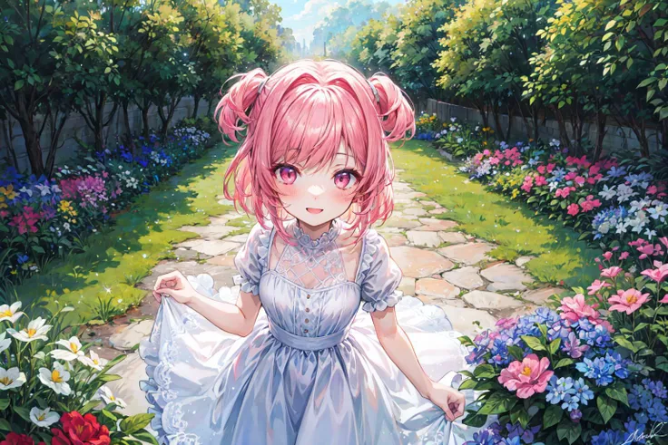 (Natsuki, pink eyes, pink hair, cute face, petite body, sweet personality), masterpiece, best quality, highest quality, highly detailed, beautiful, intricate details, absurdres, 1girl, solo, white dress, blush, (happy:1.2), (sparkles), outdoors, garden, from above, <lora:DetailEnhancer:0.8>, <lora:DDLC:0.9>