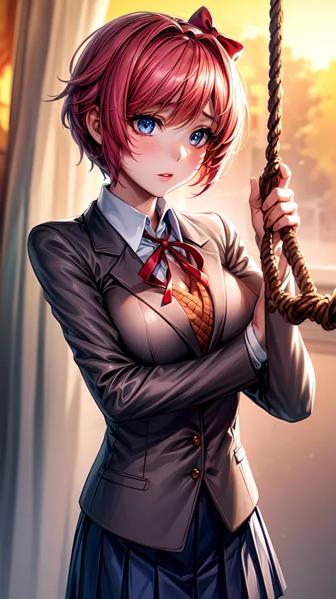 1girl, solo, detailed skin, ultra realistic, 8k cg, picture-perfect face, flawless, clean, masterpiece, professional artwork, famous artwork, cinematic lighting, cinematic bloom, ((beautiful eyes)), intricate iris, (perfect hands:1.3), (extremely detailed background), ((dynamic background)), beautiful detailed girl, beautiful detailed nose, light on face, looking at viewer,<lora:GoodHands-vanilla:1.5>, <lora:more_details:0.6>, <lora:ddlc:0.9>, (classroom), school uniform, blazer, brown sweater, collared shirt, neck ribbon, blue skirt, sayori, blue eyes, pink hair, (hair bow, red bow),