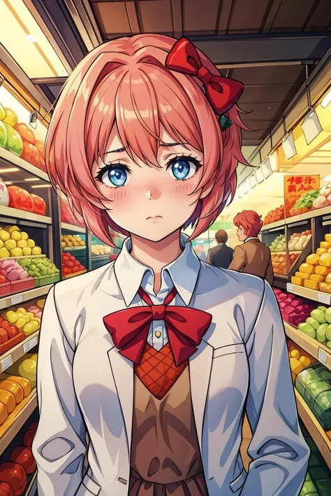 at a market, bustling stalls, vibrant vendors, lively atmosphere, sayori, blue eyes, coral pink hair, hair bow, red bow, <lora:ddlc:1>, Stoic, Expressionless face with a neutral mouth and a neutral gaze, medieval costume, looking at viewer, blush, <lora:add_detail:0.3>