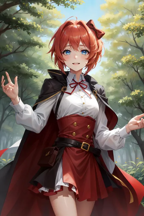 masterpiece, best quality, absurdres, perfect antomy, 1girl, solo, sayori, blue eyes, pink hair, hair bow, red bow, fantasy, ranger, leather, green cloak, forest, outdoors, smile, dynamic pose