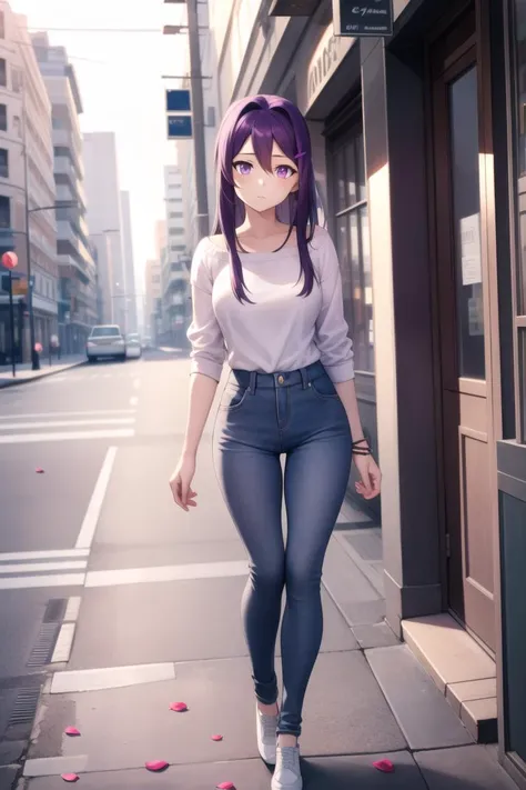 beautiful, (masterpiece:1.2), (best quality:1.2),outdoors, city, street, petals, sunshine, cinematic, drama angle, perfect eyes, perfect face, perfect lighting, 1girl, cute face, solo, dynamic pose, casual clothes, full body, <lora:ddlcDokiDokiLiteratureClub_v1:1> yuri, purple eyes, purple hair, hair between eyes, hairclip