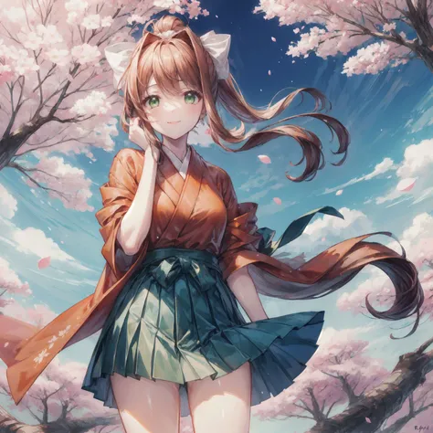 (Monika, green eyes, gorgeous face, ponytail, very long hair, perfect body), masterpiece, (best quality:1.4), best illustration, best shadow, (beautiful detailed:1.4), finely detailed, (dramatic light:0.9), HDR, ray-tracing, intricate details, cherry blossoms, sakura tree, (floating sakura), blue sky, white cloud, 1girl, solo, BREAK, (hiryuuchan:1.22), cowboy shot, smile, short hair, (one side up:1.22), (wind:1.33), hakama short skirt, green hakama skirt, miniskirt, (orange) kimono, hand on own head, perspective, looking at viewer, <lora:DetailEnhancer:0.8>, <lora:DDLC:0.7>