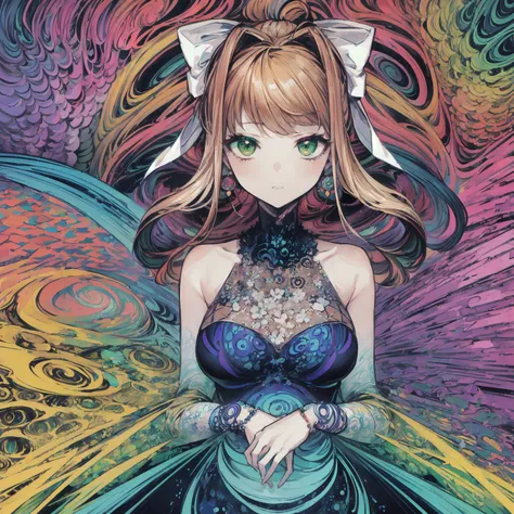 ((Monika, green eyes, ponytail, gorgeous face, very long hair, perfect body)), (masterpiece, best quality), dress, wavy hair, lying, bare shoulders, blonde, jewelry, frills, (((intricate, pattern, psychedelic, surreal, abstract, swirl))), solo focus, heterochromia, splashing, vivid, <lora:DetailEnhancer:0.8>, <lora:DDLC:0.7>