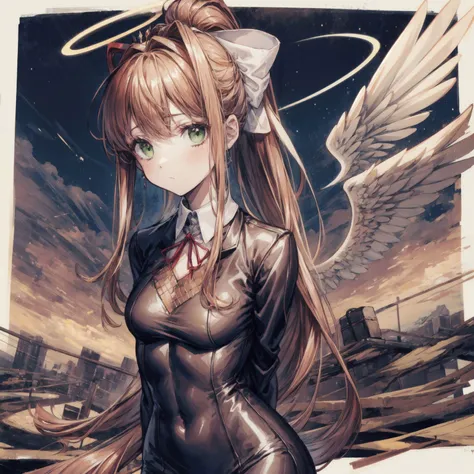 (Monika, green eyes, gorgeous face, ponytail, very long hair, perfect body), (****), 1girl, angel of death, innocent, brown eyes, diadem, angel wings, black clothes, full body, arms behind back, sky, halo, post-apocalypse,, <lora:DetailEnhancer:0.8>, <lora:DDLC:0.7>