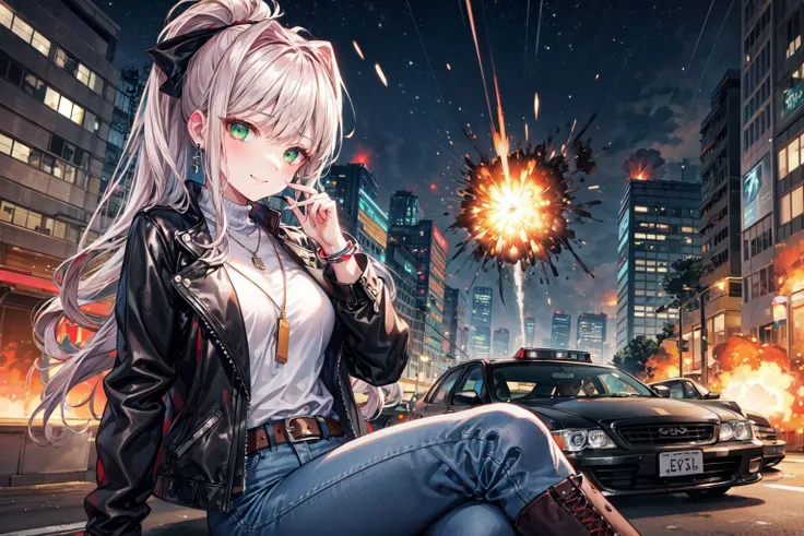 (monika in a black leather jacket and jeans),best quality,masterpiece,dynamic angle,(extreme detailed illustration),(extremely detailed CG unity 8k wallpaper),amazing,(highly detailed),((an extremely delicate and beautiful)),((1girl)),((extremely detailed eyes and face)),monika,long auburn hair in a ponytail with bangs covering one eye,(green eyes),(eyewear on head),black legwear,pantyhose,biker boots,belt,buckles,silver necklace,silver earrings,silver bracelet,(cool),(badass),(confident),(smirk),holding a handgun,(action movie heroine),(cityscape background),(night scene),(neon lights),(car chase scene),(explosion behind her),<lora:DetailEnhancer:1>,<lora:DDLC:0.8>,<lora:Mecha:0.5>,<lora:GoodHands-vanilla:1>