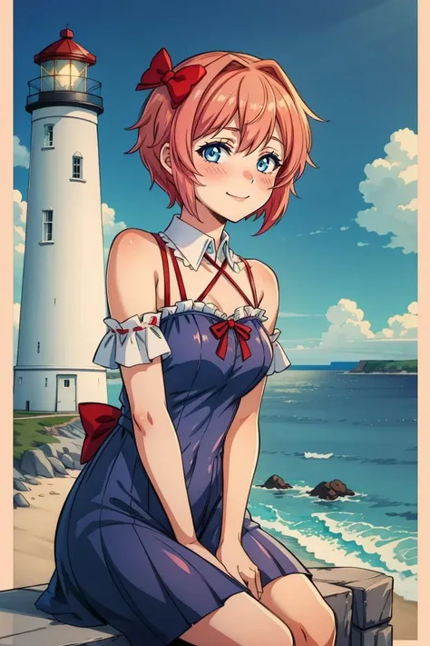 at a lighthouse, coastal beacon, ocean vistas, maritime, sayori, blue eyes, coral pink hair, hair bow, red bow, <lora:ddlc:1>, Sensual, A deep, intense gaze, a slow, deliberate smile, and a relaxed posture, hag costume, looking at viewer, blush, <lora:add_detail:0.3>