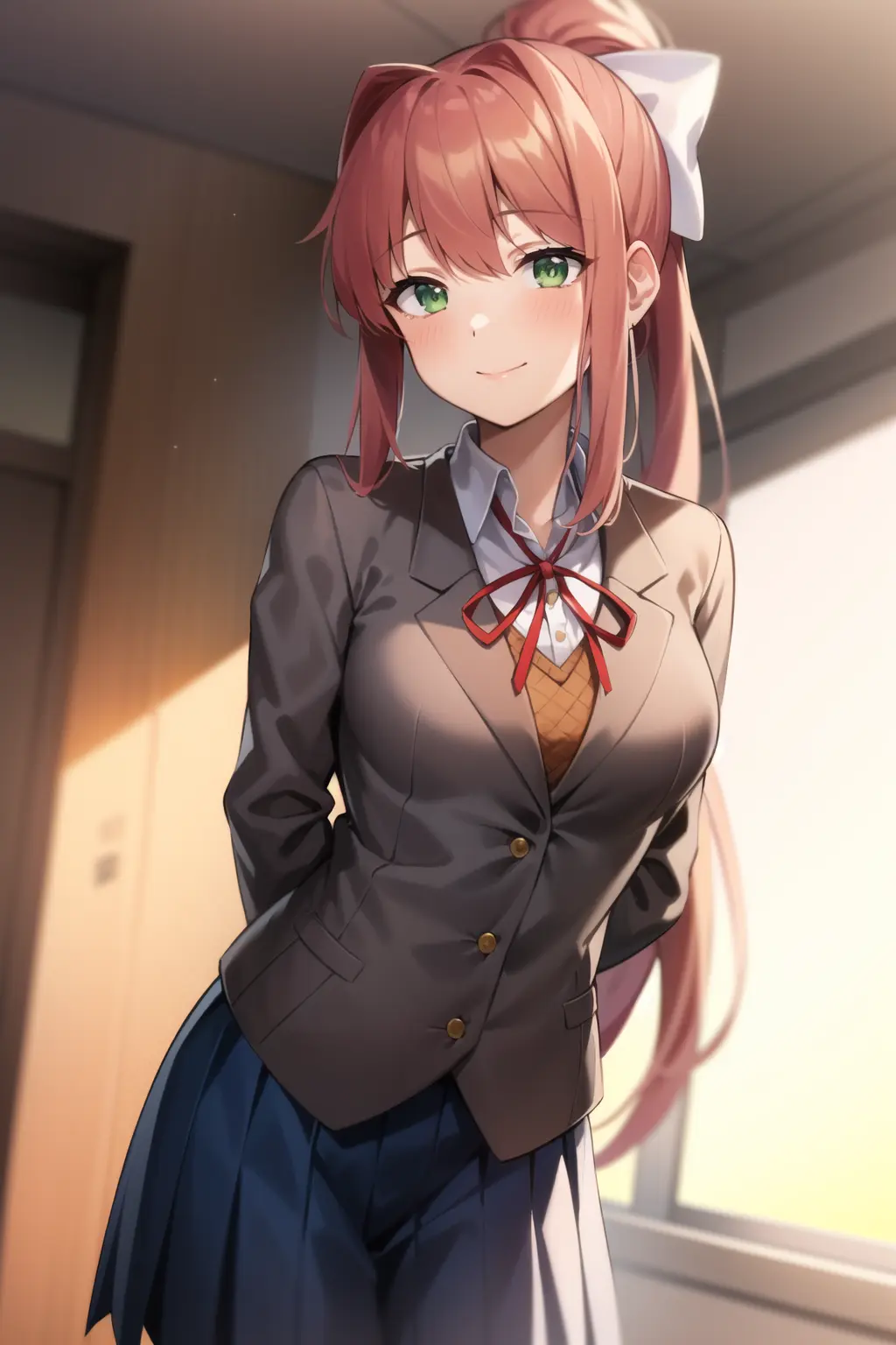 2d, masterpiece, best quality, anime, highly detailed, cowboy shot, 1girl, solo, monika, green eyes, very long hair, ponytail, school uniform, standing, leaning forward, arms behind back, smile, classroom <lora:ddlc-10:1>