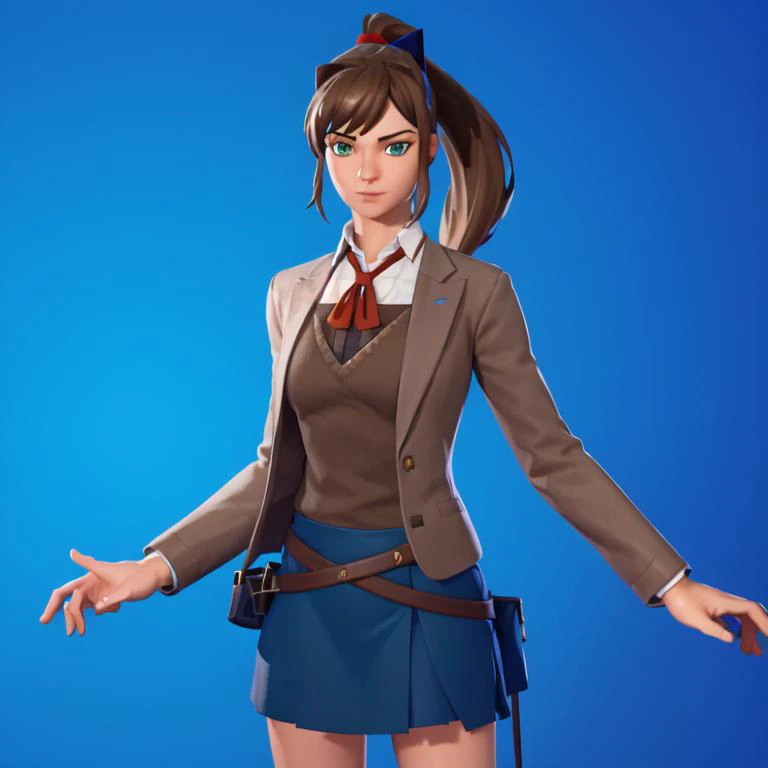 <lora:ddlc-10:0.6>, <lora:FortSketcherAlpha:0.7>, caustics, (blue background), (glossy:0.56), (artstation:0.81), unreal engine, fortnite, from front, looking at viewer,
cowboy shot, 1girl, blazer, brown sweater, collared shirt, neck ribbon, blue skirt, monika, green eyes, brown hair, very long hair, ponytail, hair ribbon, white ribbon