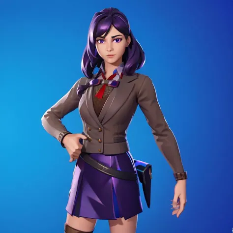 <lora:ddlc-10:0.6>, <lora:FortSketcherAlpha:0.75>, caustics, (blue background), (glossy:0.56), (artstation:0.81), unreal engine, fortnite, from front, looking at viewer,
cowboy shot, 1girl, blazer, brown sweater, collared shirt, neck ribbon, blue skirt, yuri, purple eyes, purple hair, hair between eyes, hairclip, long hair