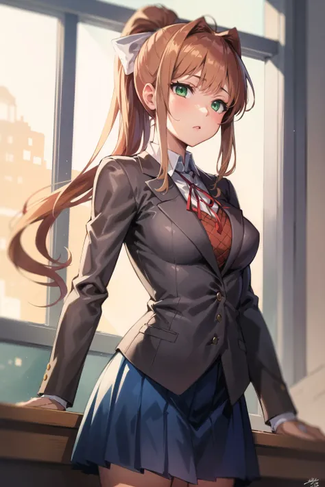 masterpiece, best quality, anime, highly detailed, 1girl, solo, school uniform, standing, classroom, monika, green eyes, brown hair, very long hair, ponytail, hair ribbon, white ribbon, <lora:ddlc-10:1>