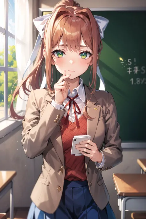 masterpiece, best quality, anime, highly detailed, 1girl, solo, school uniform, standing, classroom, monika, green eyes, brown hair, very long hair, ponytail, hair ribbon, white ribbon, <lora:ddlc-10:1>