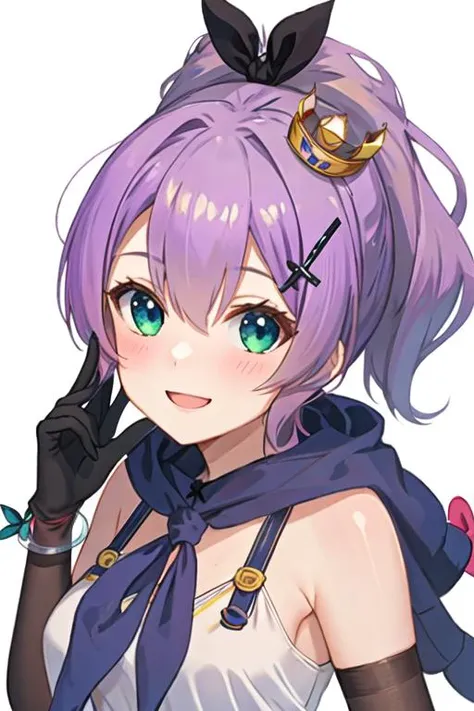 best quality, masterpiece, highres, solo, {javelin_azurlane:1.15}, purple_hair, hair_ornament, ribbon, ponytail, bangs, smile, hair_ribbon, blush, crown, hair_between_eyes, green_eyes, mini_crown, breasts, open_mouth, blue_eyes, 1girl, gloves, white_background, white_gloves, looking_at_viewer, simple_background, closed_mouth, upper_body, black_ribbon, camisole