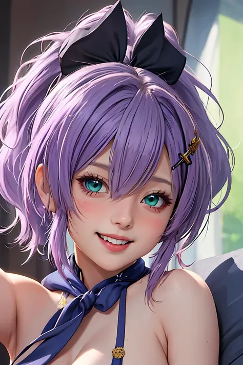 (masterpiece, best quality), 1girl, beautiful face, <lora:javelin_azurlane:1> javelin_azurlane, purple_hair, hair_ornament, ribbon, ponytail, bangs, smile, hair_ribbon, blush, crown, hair_between_eyes, green_eyes, mini_crown, breasts, open_mouth, blue_eyes