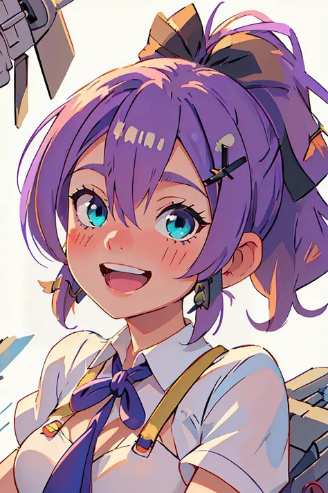 (masterpiece, best quality), 1girl, beautiful face, <lora:javelin_azurlane:1> javelin_azurlane, purple_hair, hair_ornament, ribbon, ponytail, bangs, smile, hair_ribbon, blush, crown, hair_between_eyes, green_eyes, mini_crown, breasts, open_mouth, blue_eyes