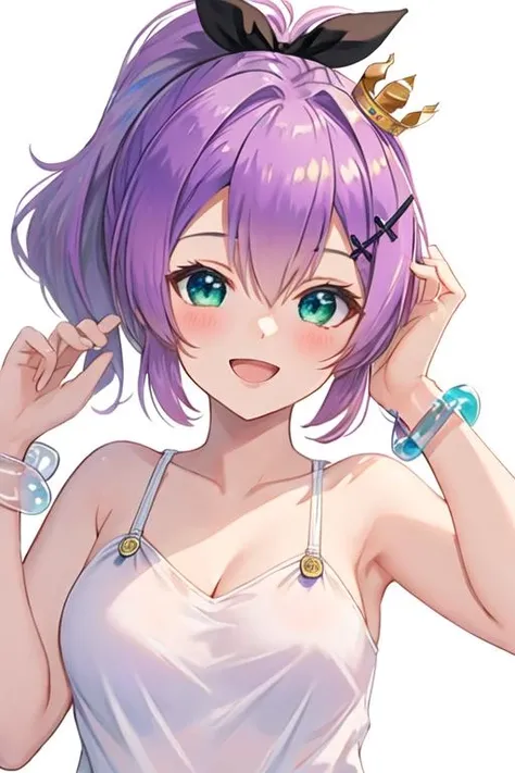 best quality, masterpiece, highres, solo, {javelin_azurlane:1.15}, purple_hair, hair_ornament, ribbon, ponytail, bangs, smile, hair_ribbon, blush, crown, hair_between_eyes, green_eyes, mini_crown, breasts, open_mouth, blue_eyes, 1girl, camisole, jewelry, simple_background, bracelet, looking_at_viewer, white_camisole, :d, white_background, black_ribbon, medium_breasts, bare_shoulders, cleavage, upper_body