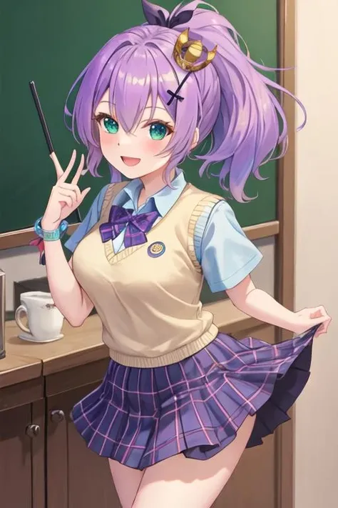best quality, masterpiece, highres, solo, {javelin_azurlane:1.15}, purple_hair, hair_ornament, ribbon, ponytail, bangs, smile, hair_ribbon, blush, crown, hair_between_eyes, green_eyes, mini_crown, breasts, open_mouth, blue_eyes, 1girl, shirt, :d, cross_hair_ornament, long_hair, looking_at_viewer, bow, school_uniform, sweater_vest, alternate_hairstyle, bowtie, plaid, skirt, purple_bowtie