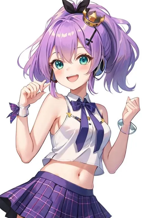 best quality, masterpiece, highres, solo, {javelin_azurlane:1.15}, purple_hair, hair_ornament, ribbon, ponytail, bangs, smile, hair_ribbon, blush, crown, hair_between_eyes, green_eyes, mini_crown, breasts, open_mouth, blue_eyes, 1girl, idol, looking_at_viewer, bare_shoulders, shirt, sleeveless, star_hair_ornament, bow, headset, midriff, plaid, plaid_skirt, purple_skirt, skirt, star_\(symbol\), navel, official_alternate_costume, wrist_cuffs
