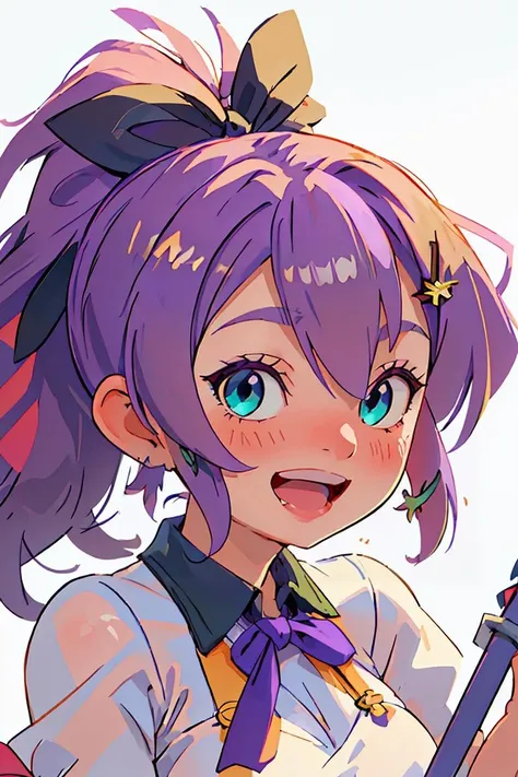 (masterpiece, best quality), 1girl, beautiful face, <lora:javelin_azurlane:1> javelin_azurlane, purple_hair, hair_ornament, ribbon, ponytail, bangs, smile, hair_ribbon, blush, crown, hair_between_eyes, green_eyes, mini_crown, breasts, open_mouth, blue_eyes
