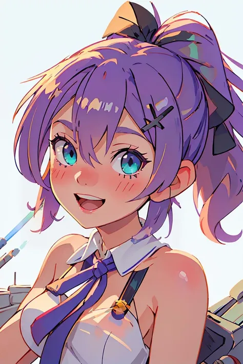 (masterpiece, best quality), 1girl, beautiful face, <lora:javelin_azurlane:1> javelin_azurlane, purple_hair, hair_ornament, ribbon, ponytail, bangs, smile, hair_ribbon, blush, crown, hair_between_eyes, green_eyes, mini_crown, breasts, open_mouth, blue_eyes