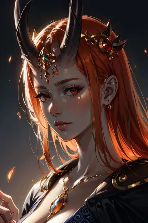 MizoraBG, 1girl, horns, red eyes, dress, orange hair, grey skin,  <lora:MizoraBG:0.7>, 
close-up