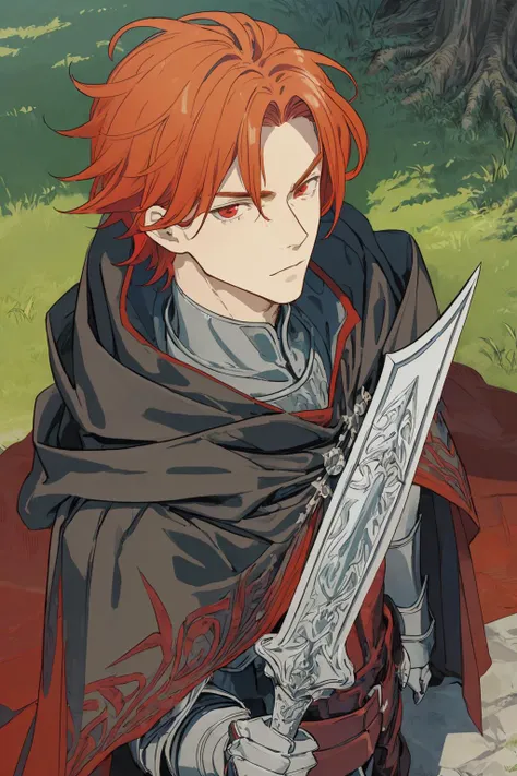 masterpiece,best quality,
fantasy design,
1man,male,(young man:1.3),adult,
upper body,portrait,
dynamic angle,
red hair,short hair,handsome,
red eyes,detailed eyes,
silver armor,armor dress,(knight:1.3),armor boots,
(black cloak:1.3),
zentangle,
castle background,trees,grass,<lora:style_Anime:1>,<lora:add_detail:1>,