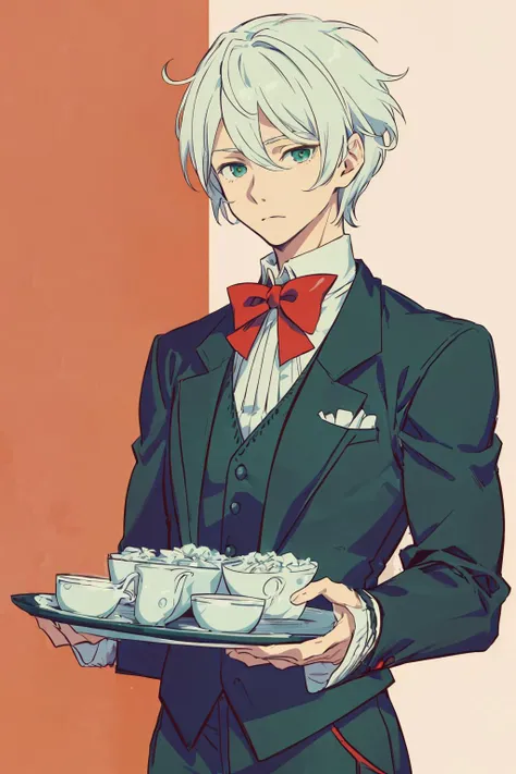 masterpiece,best quality,
upper body,
cowboy shot,
1man,male,30 years old,(young man:1.3),solo,
muscular,
white hair,(short hair:1.3),messy hair,
green eyes,
formal_dress,
(butler:1.2),
red bow,
patterns,decoration,
<lora:add_detail:0.8>,<lora:style_Anime:1>,