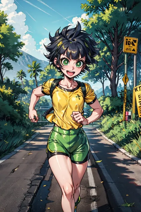 ppgzkor, green eyes, bright pupil, black hair, short hair, (yellow shirt, green shorts:1.2), :d, running, road, <lora:PPGZ-Kaoru_Matsubara:1>