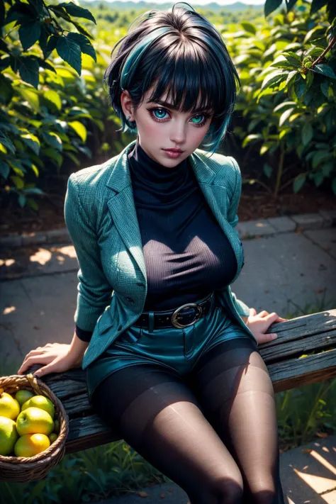(ultra realistic,32k, masterpiece:1.2),(high detailed skin:1.1),( high quality:1.1),
<lora:PPGZ-Kaoru_Matsubara:0.8>ppgzkor,grimace, green eyes,bright pupil, navy blue hair, short hair,(black (blazer:1.1), black turtleneck top, shorts,belt, (pantyhose:1.1):1.1) ,, orchard, fruit-laden trees, bountiful harvest, rural,, huge breast,large breast,(looking at viewer, sitting, crossed legs, from above:1.1),, <lora:add_detail:0.98>,
(neon pastel light:1.1),