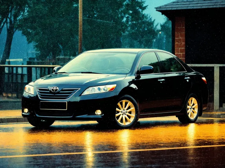 toyotacamryxv40, 1car, black car, night, darkness, rainy, street, highly detailed, <lora:ToyotaCamryXV40:0.6>, vintage, pixelated, scanlines, halftone, by Paul Robertson, Henk Nieborg, Valenberg, Octavi Navarro, Mark Ferrari