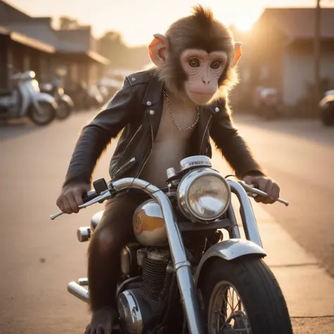 A place forgotten by the world, sunset lighting shoulder level shot (photograph:1.2) young monkey wearing (60s clothing:1.2) detailed background depth of field chains, mohawk, motorcycles