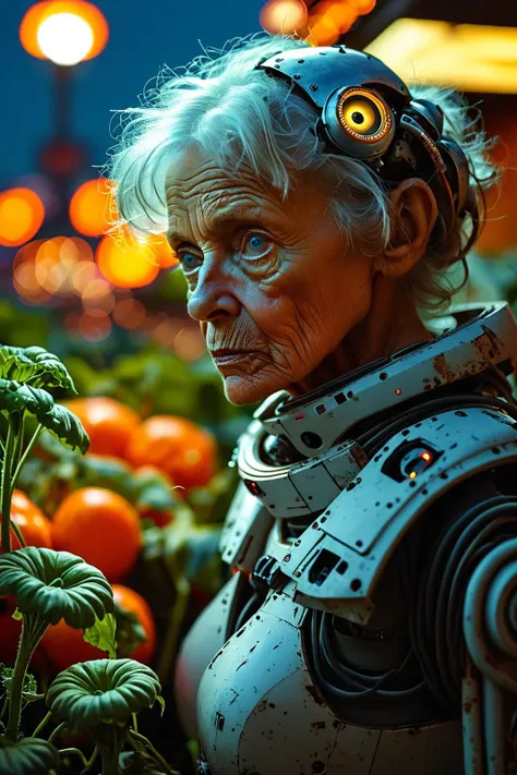 Portrait of an elderly cyborg woman, her face a beautiful blend of human and machine, her metal eyeballs glow softly in the night, she is gardening in a rooftop oasis amidst a dystopian cityscape, towering vegetables growing efficiently, with a (soft focus:1.2), (f_stop 4.0), (focal_length 50mm), showcasing a serene moment of nature and technology coexisting, captured with a (Canon EOS R5), highlighting hope and continuity <lora:more_details:1.0>, <lora:MJ52:0.8>,