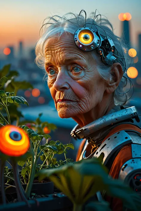 Portrait of an elderly cyborg woman, her face a beautiful blend of human and machine, her metal eyeballs glow softly in the night, she is gardening in a rooftop oasis amidst a dystopian cityscape, towering vegetables growing efficiently, with a (soft focus:1.2), (f_stop 4.0), (focal_length 50mm), showcasing a serene moment of nature and technology coexisting, captured with a (Canon EOS R5), highlighting hope and continuity <lora:more_details:1.0>, <lora:MJ52:0.8>,