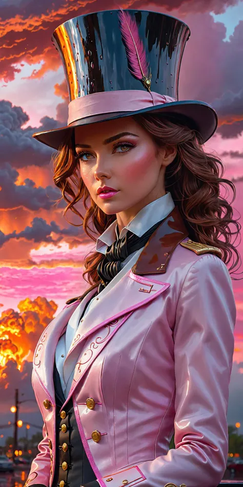 day, (colorful conflagration), film grain, (intricate details:1.1), CGSociety, working environment, raining blood, intelligent, top hat, Exquisite details and textures, cinematic, 4k, pink sunset, professional majestic oil painting, age 35, (ultra realistic), cloudy sky, 8k portrait of beautiful cyborg with brown hair, artstation hd, perfect composition, art, ultra-detailed, depth, faded, (masterpiece:1.2), 24mm, clear skies, contrast