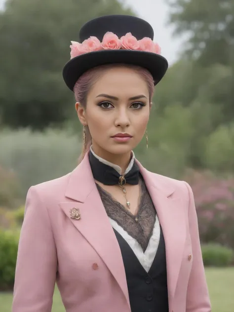 realistic,photo realistic,photography,hyperrealistic,8k,uhd,Fuji Xt3,type of Maori facial type women in Clothing Tailcoats and top hats (for men),(Clothing color Pink,:1.1)with elaborate decorations style brooches in a garden,hair color Honey,hair cut Mohawk,Skin pores,Perfect Hands,raw photo,photo,<lora:Perfect Hands:1>,Perfect Hands,<lora:PerfectEyesXL:1>,green eyes,perfecteyes,