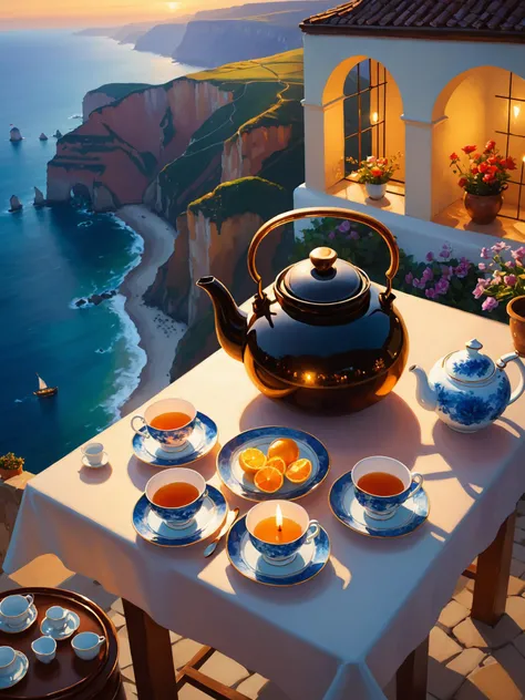 warm lights, fantastic location, (Overhead view), cliffs, teapot, masterpiece, detailed painting