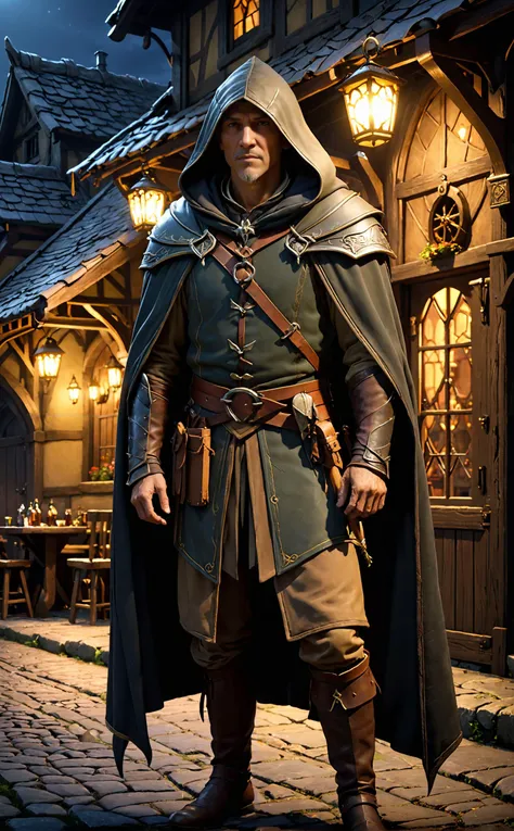 1 man,middle aged, As a watchman and scout who protects the village, he is a mixed race between a high elf and a human. 
Break, He wears a light leather outfit old worn from a long journey, a black brown cotton hooded cloak, and is armed with a bow and a long sword.
Break, The background is in front of a brightly lit tavern on a dark night.
Break, full shot, cinematic lighting, dramtic Scene,High quality 3D rendering, fantasy, Pixar 3D character design style.
<lora:add-detail-xl:0.8>, <lora:xl_more_art-full_v1:0.5>,