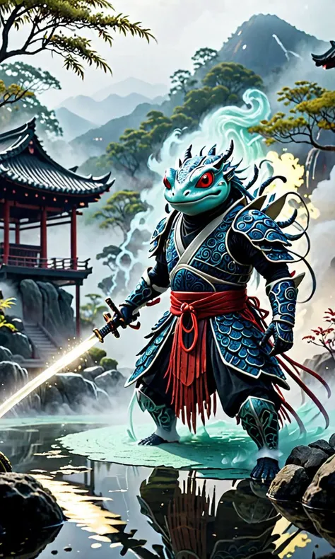 A ninja toad wearing kabuki makeup and costumes and using magic to summon water spirits. with a long katana, fog and swirling pond
Break, Sulfur hot springs in beautiful nature in the background. Ancient White Serpent spirits
Break, full shot, cinematic lighting, dramtic Scene, fantasy, pixar 3D model style,
<lora:Fantasy_Creatures:0.5>, <lora:eastern_dragon_xl_v1:0.3> eastern dragon, <lora:Gelatine_XL:0.3> Gelatine, <lora:Soul_Knight_SDXL_-_By_HailoKnight:0.1> soul knight, <lora:add-detail-xl:1>
