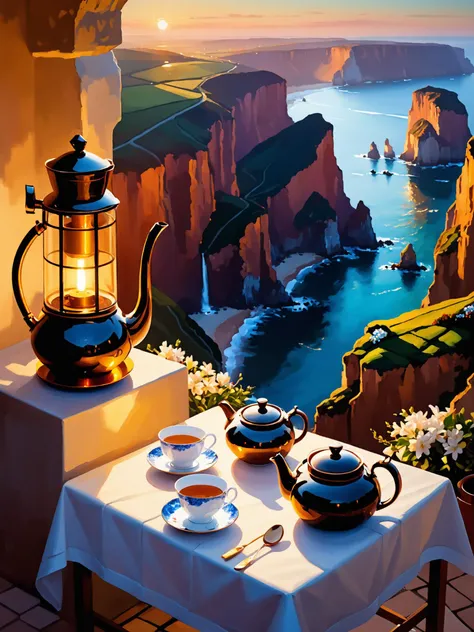 warm lights, fantastic location, (Overhead view), cliffs, teapot, masterpiece, detailed painting