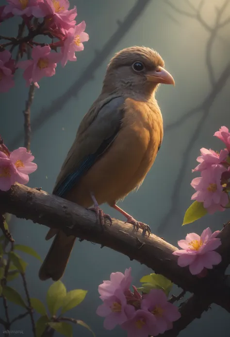 (dramatic lighting), seductive smile, detailed, neon colors, (detailed eyes:0.8, Albert Bierstadt:0.1), 1boy, (((best quality))), realistic photograph, a bird is perched on a branch with flowers, fog, (digital art by Slawomir Maniak and Kelly Freas:1.2, looking at the camera:1.4), subsurface scattering, tricky, dark shot, sharp, cinematic lighting
